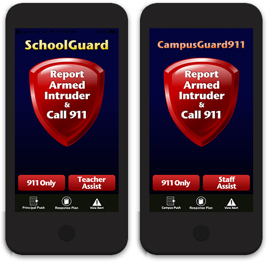 Mobile App Screens with SchoolGuard and CampusGuard911 mobile apps.